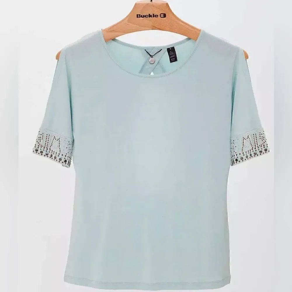 BKE Boutique Cold Shoulder Open Back Embellished Rhinestone Top